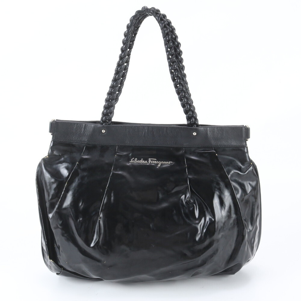 Salvatore Ferragamo Leather Tote Bag, Woven Shoulder Handbag, Black, Women's
